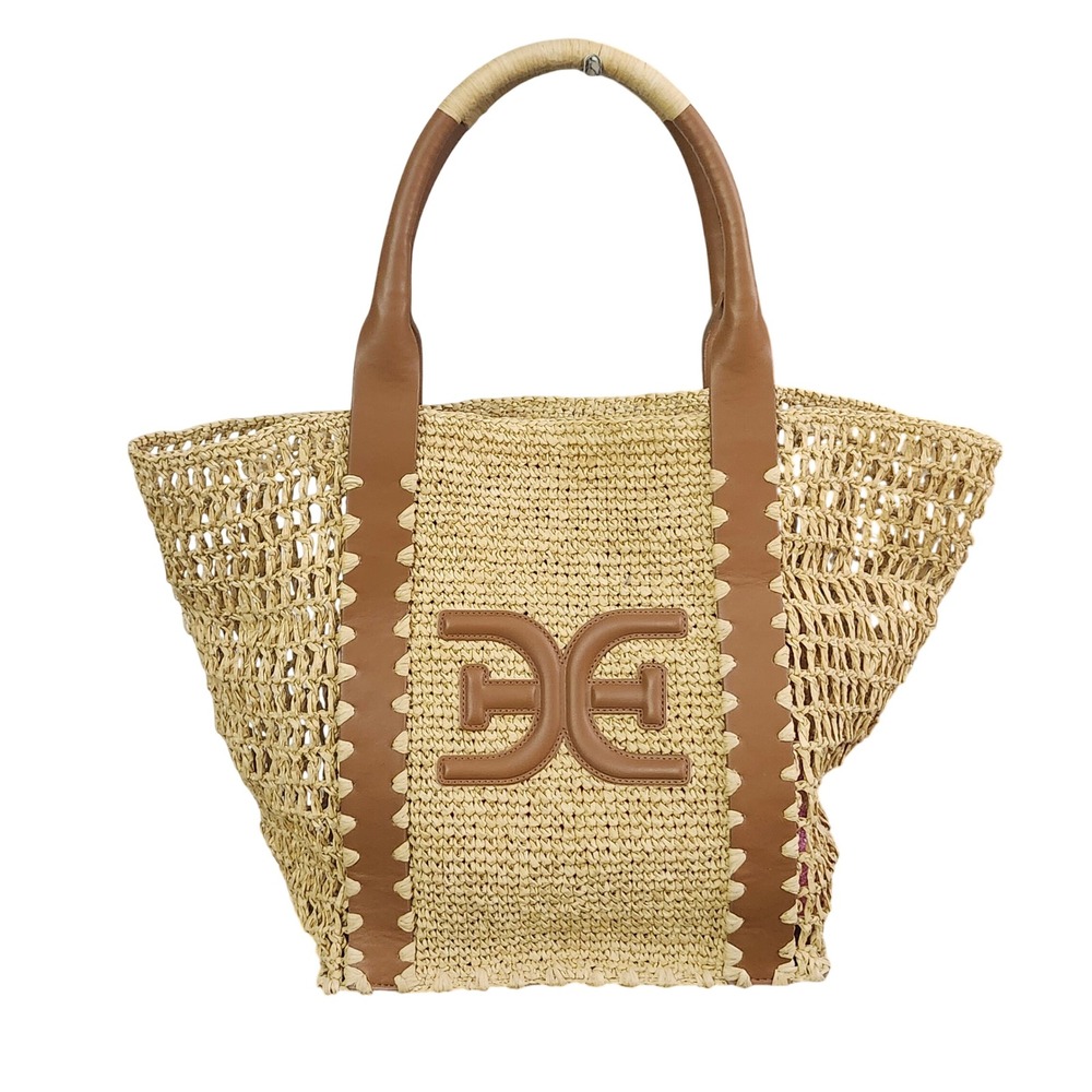 Sam Edelman Marley Woven Raffia Tote Bag Faux Leather Trim Summer Beach - Picture 3 of 12